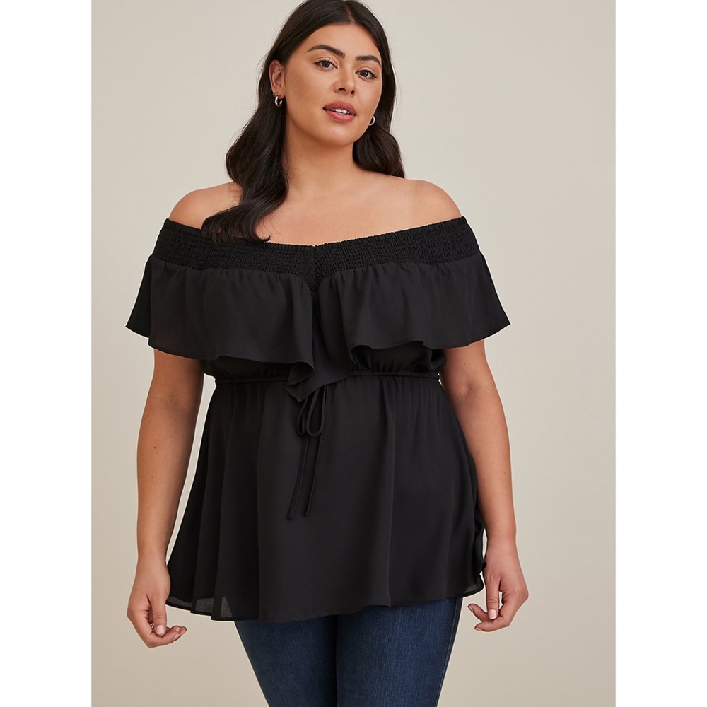 NWT Torrid 3 Black Off-Shoulder Top, Plus Size Blouse 3X 22 24, Georgette Shirt